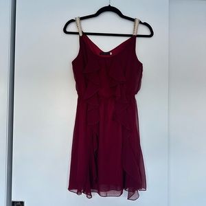 Tenki Burgundy Ruffle Dress with gold chain straps